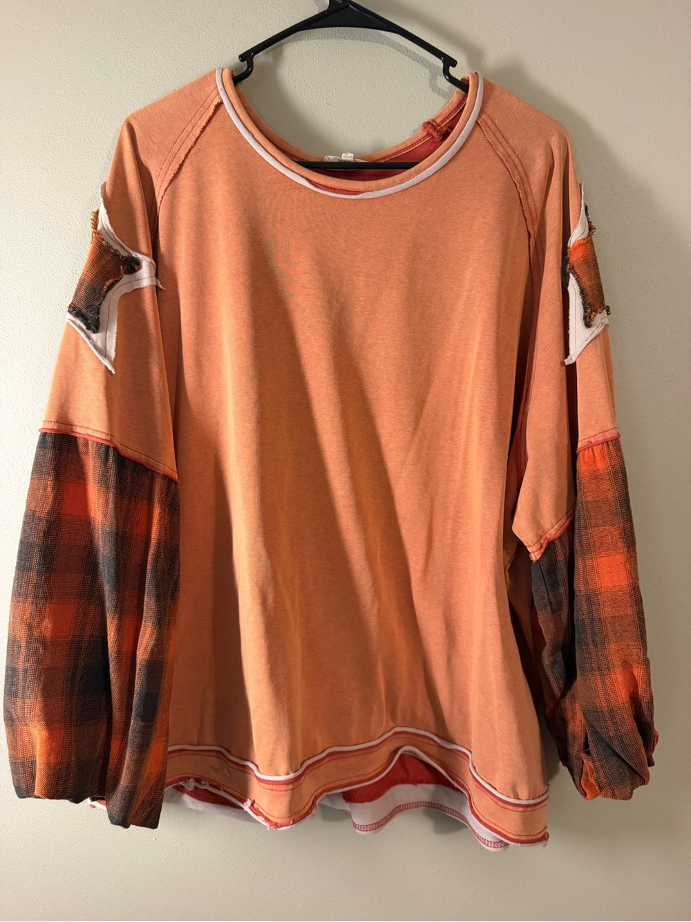 Women's Orange Patchwork Plaid Sleeve Pullover Sweatshirt